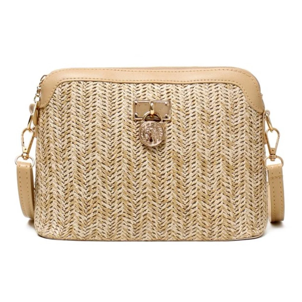Straw and Vegan Leather Trim Boho Crossbody - Picture 1 of 7
